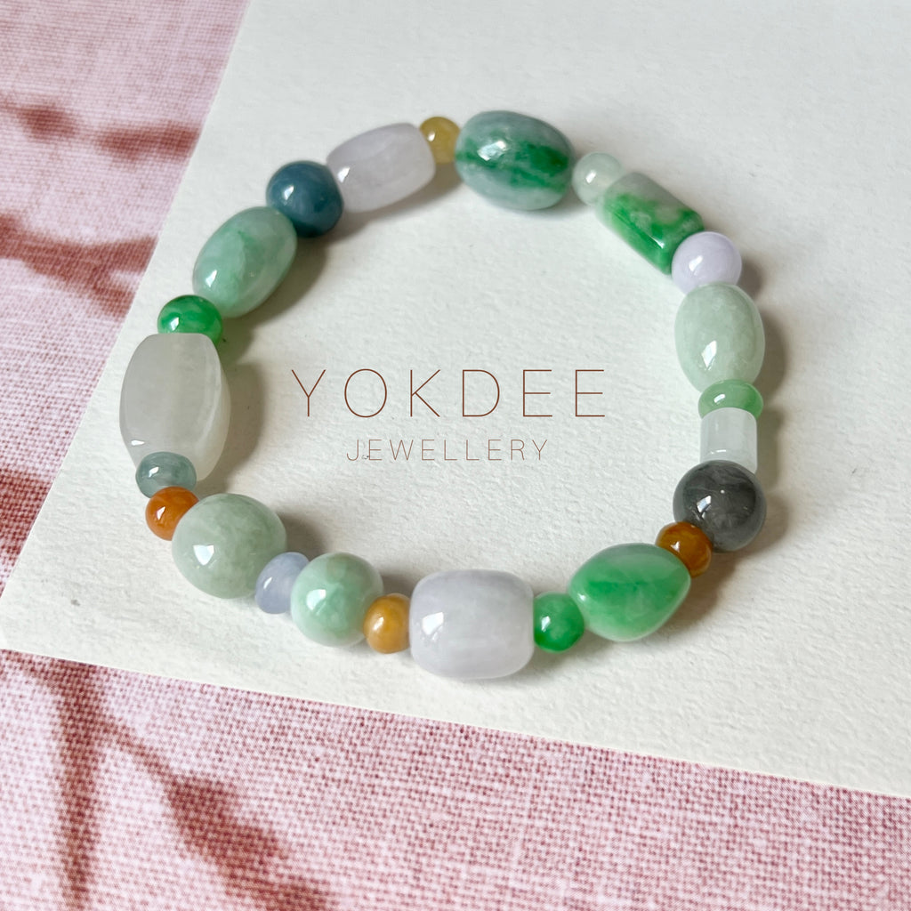 A-Grade Natural Multi-Colour Jadeite Pebble Bean Beaded Bracelet No.190451