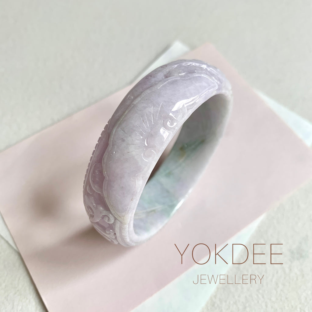 59.4mm A-Grade Natural Lavender Green Modern Round Bangle (With Carving) No. 151263