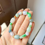 A-Grade Natural Multi-Colour Jadeite Pebble Bean Beaded Bracelet No.190451