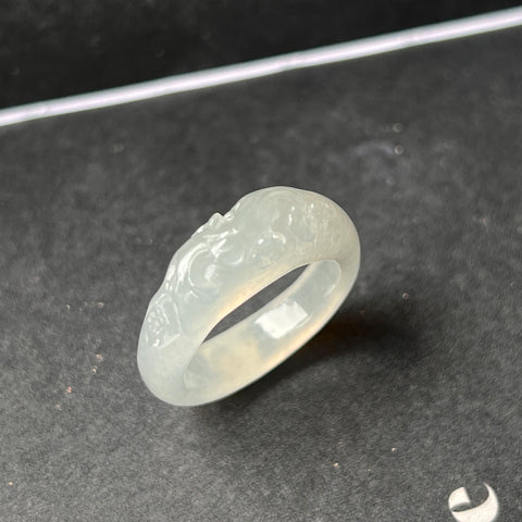 17.2mm Icy A-Grade Natural Jadeite Joseon Ring Band With Plum Blossom Flowers Carving No.162397
