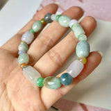 A-Grade Natural Multi-Colour Jadeite Pebble Bean Beaded Bracelet No.190451