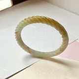 56.4mm A-Grade Natural Osmanthus Floral Jadeite Traditional Round Bangle With Rope Carving No.151818