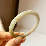 56.4mm A-Grade Natural Osmanthus Floral Jadeite Traditional Round Bangle With Rope Carving No.151818