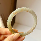 56.4mm A-Grade Natural Osmanthus Floral Jadeite Traditional Round Bangle With Rope Carving No.151818