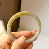 56.4mm A-Grade Natural Osmanthus Floral Jadeite Traditional Round Bangle With Rope Carving No.151818