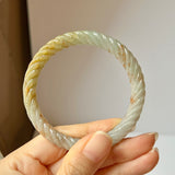 56.4mm A-Grade Natural Osmanthus Floral Jadeite Traditional Round Bangle With Rope Carving No.151818