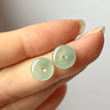 Icy A-Grade Natural Moss On Snow Jadeite Donut Stud Earring (Clover Heart) No. 180829