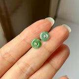 A-Grade Natural Floral Imperial Green Jadeite Donut Stud Earring No.180843