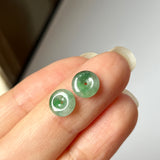 A-Grade Natural Floral Imperial Green Jadeite Donut Stud Earring No.180842