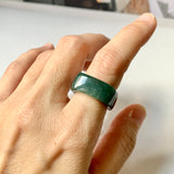 SOLD OUT: 16.3mm A-Grade Natural Dark Bluish Green Jadeite Square Abacus Ring Band No. 161996