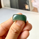 SOLD OUT: 16.3mm A-Grade Natural Dark Bluish Green Jadeite Square Abacus Ring Band No. 161996