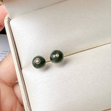 SOLD OUT: A-Grade Natural Dark Green Jadeite Sphere (Ball) Earring Studs No.180317