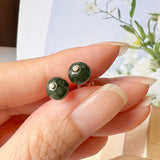 SOLD OUT: A-Grade Natural Dark Green Jadeite Sphere (Ball) Earring Studs No.180317