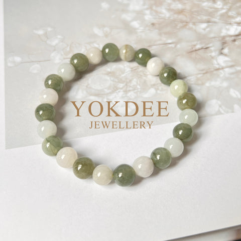 SOLD OUT: 8mm/7.5mm A-Grade Natural White,Light Green & Dark Yellowish Green Jadeite Beaded Bracelet No.190442