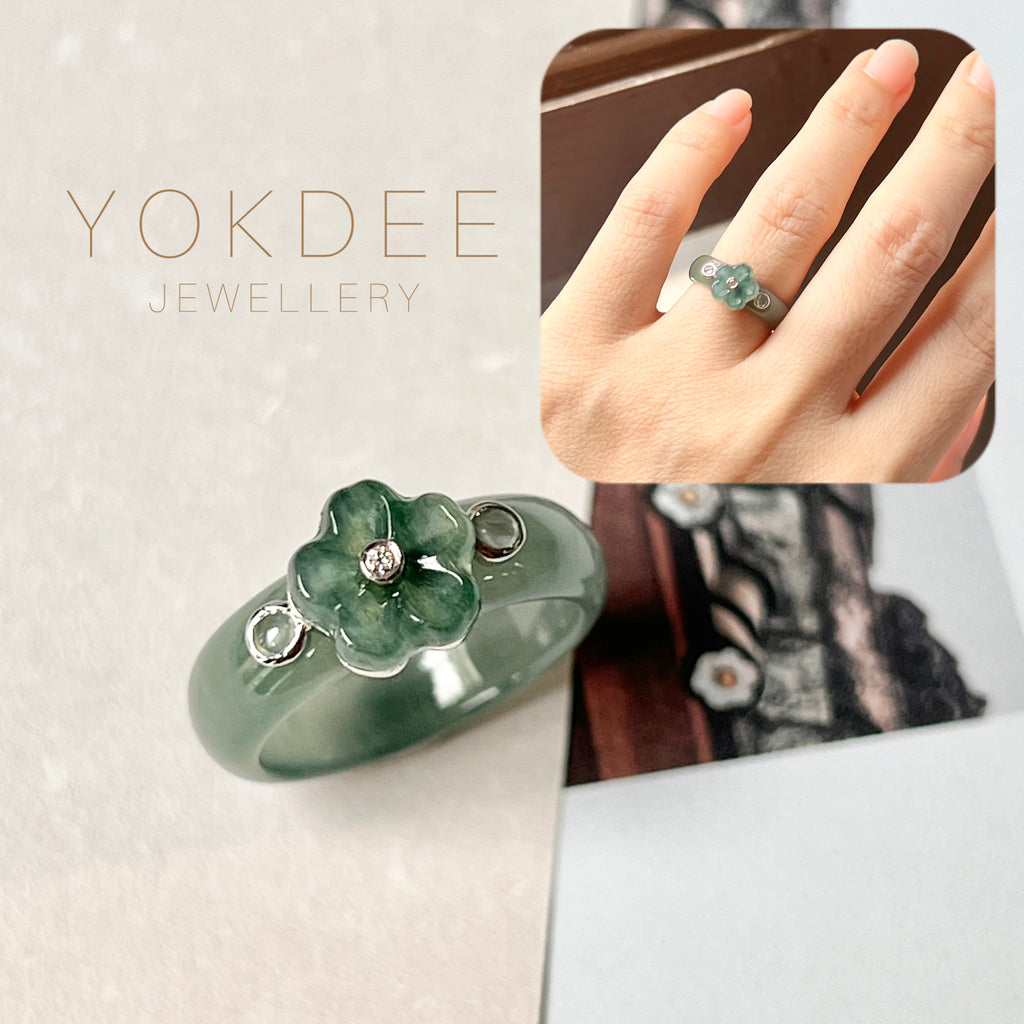 15.6mm A-Grade Natural Jadeite Joseon Dynasty Plum Blossom Ring (Maehwa) No.162417