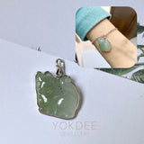 A-Grade Natural Bluish Floral Jadeite Cat Charm No. 172454