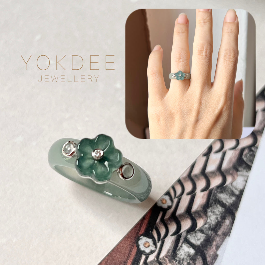 15.6mm A-Grade Natural Jadeite Joseon Dynasty Plum Blossom Ring (Maehwa) No.162419