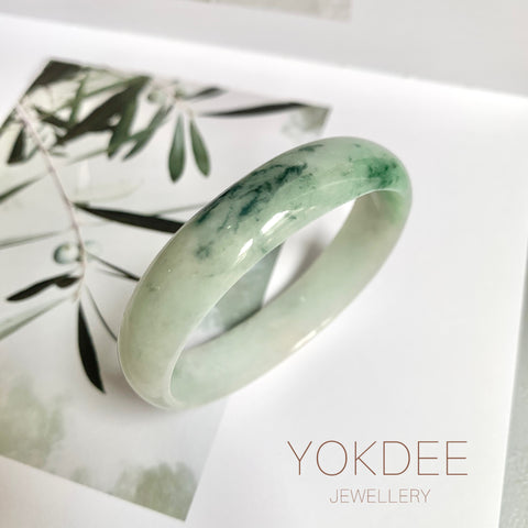 52.4mm A-Grade Natural Green Floral Jadeite Modern Oval Bangle No.151814