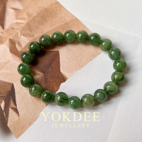 10.6mm A-Grade Natural Dark Green Jadeite Beaded Bracelet No.190439