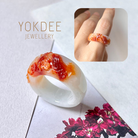 SOLD OUT: 16.3mm A-Grade Natural Jadeite Joseon Ring Band With Plum Blossom Flowers Carving No.162398