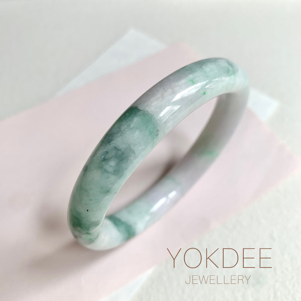 57.5mm A-Grade Natural Lavender Green Floral Jadeite Modern Round Bangle No. 600156