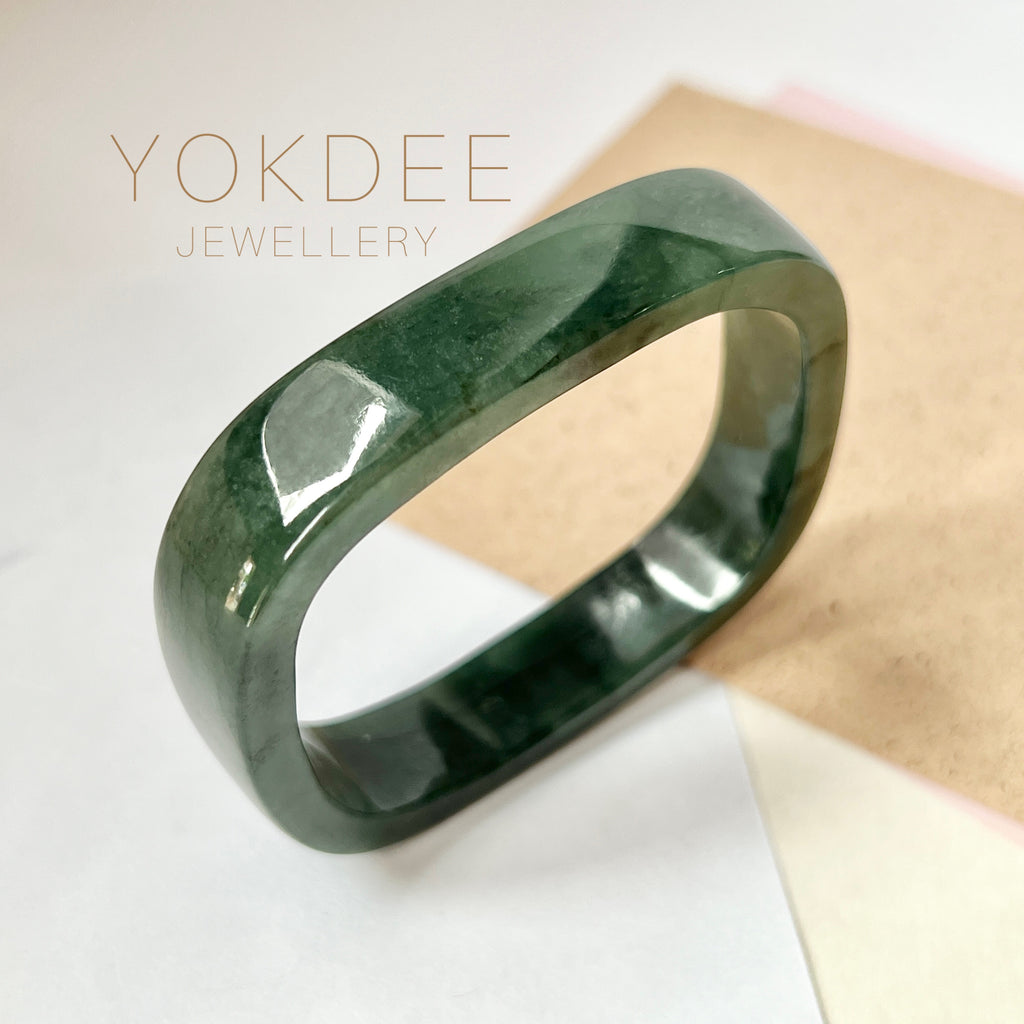 53.4mm A-Grade Natural Dark Bluish Green Jadeite Modern Rectangle Bangle No. 330014