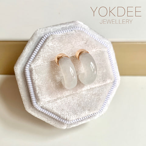 A-Grade Natural White Jadeite Cloop Earring Studs No.180832