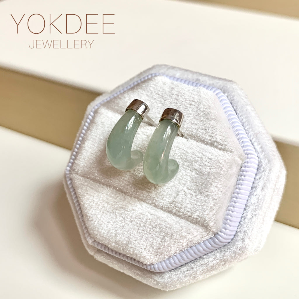 A-Grade Natural Light Green Jadeite Cloop Earring Studs No.180834