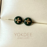 A-Grade Natural Dark Bluish Green Jadeite Donut Stud Earring (Lilac Flower) No. 180837