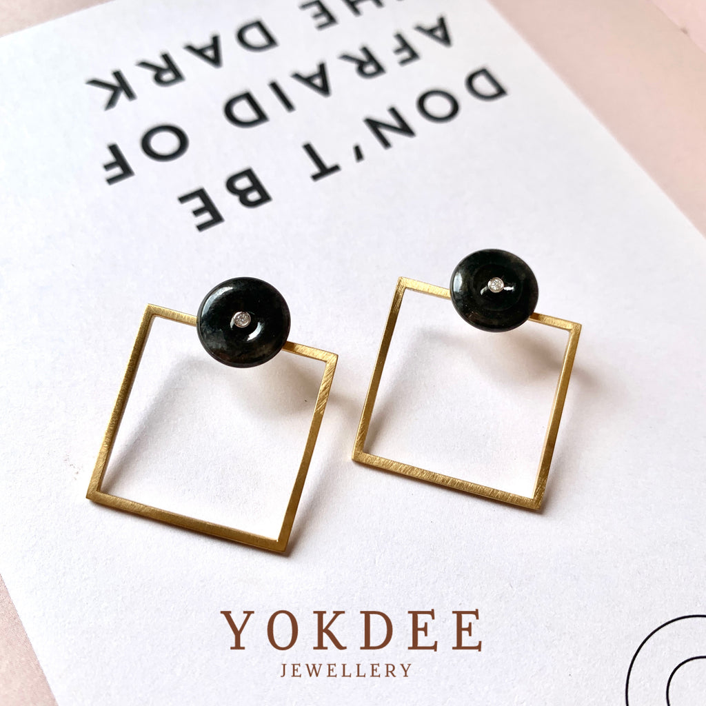 A-Grade Natural Black Jadeite Circle on Square Jacket Earring Studs No.180751