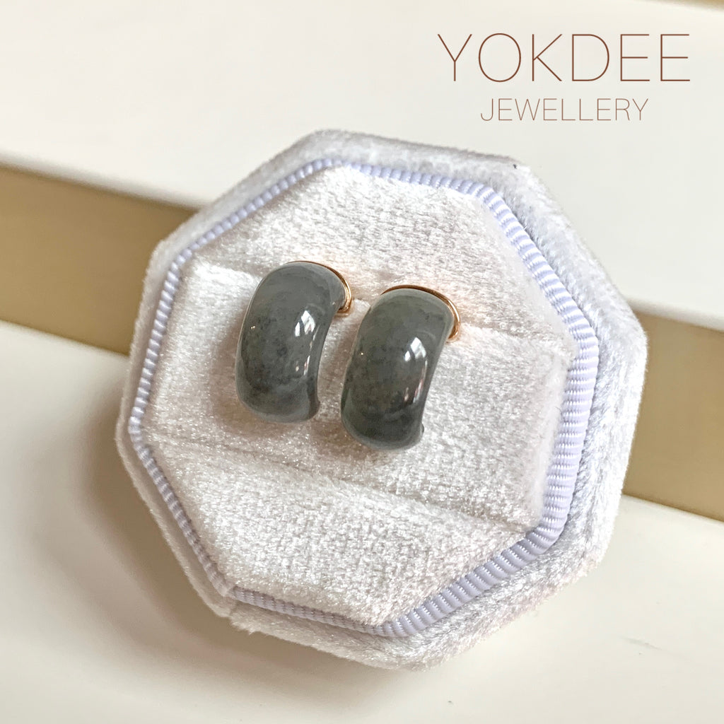 A-Grade Natural Black Jadeite Cloop Earring Studs No.180831