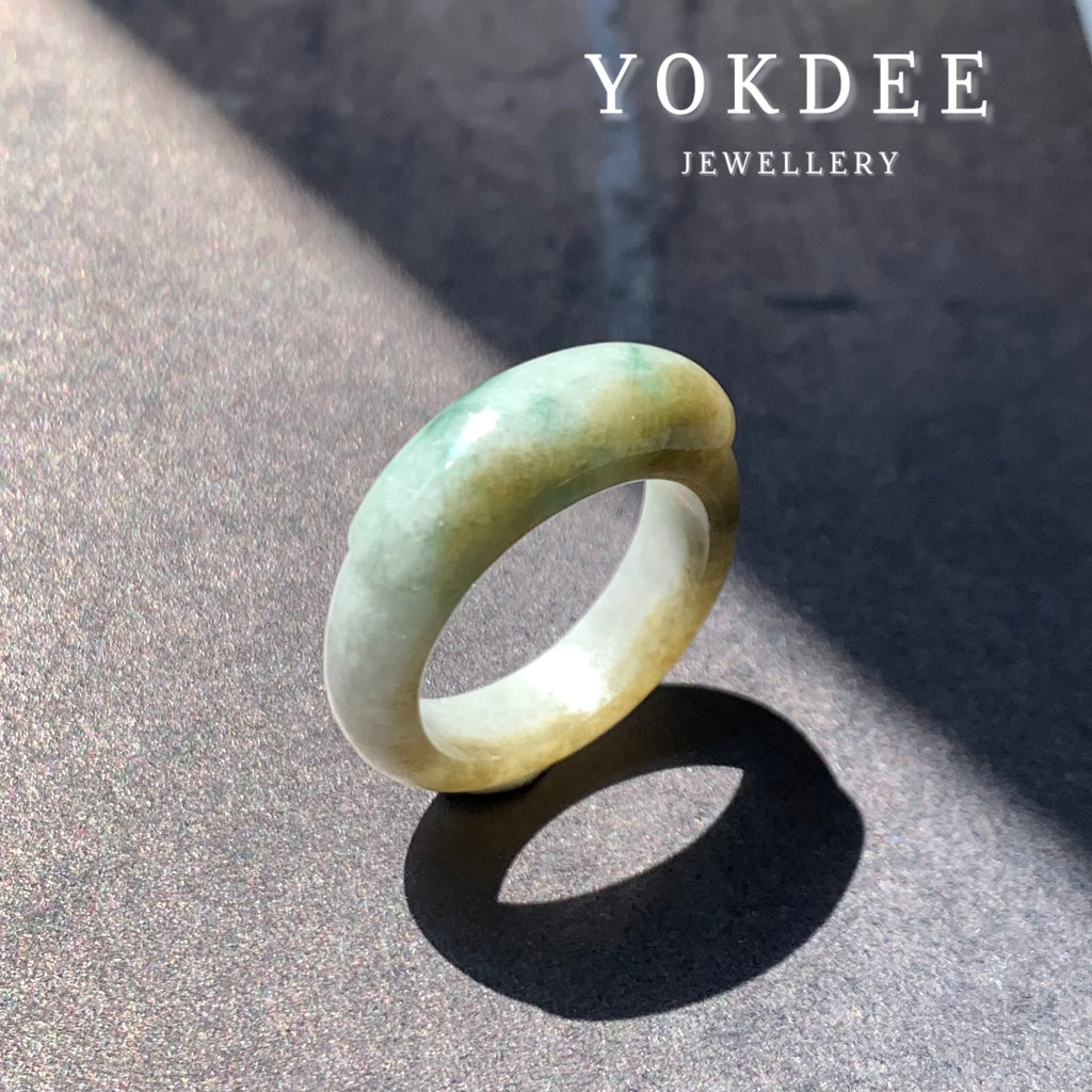 16.2mm A-Grade Natural Yellowish Green Floral Jadeite Saddle Top Ring Band No.162246