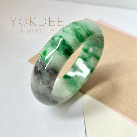 56mm A-Grade Natural Imperial Ink Floral Jadeite Modern Oval Bangle No.151592